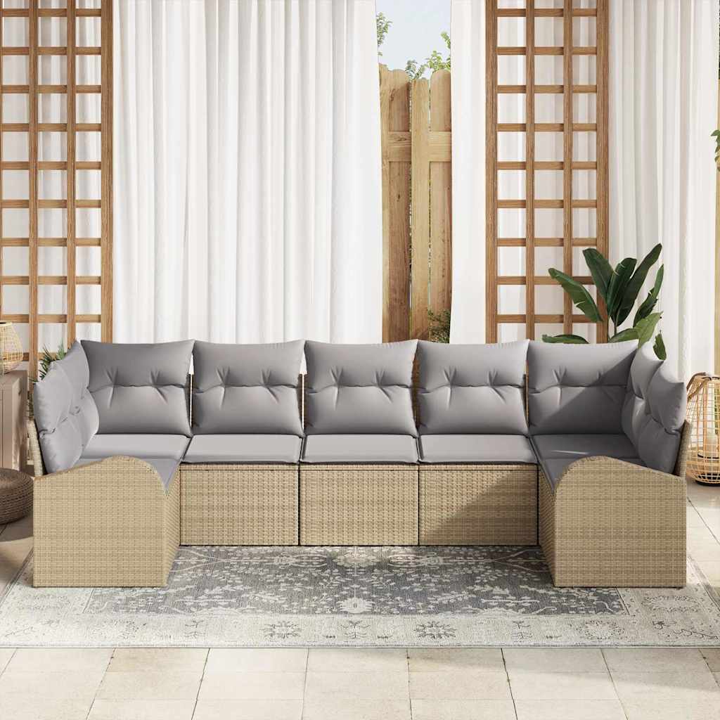 Garten-Sofa-Set mit Kissen 7 pcs Beige und Hellgrau Poly Rattan